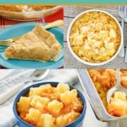 Mock apple pie, squash casserole, and pineapple cheese casserole.