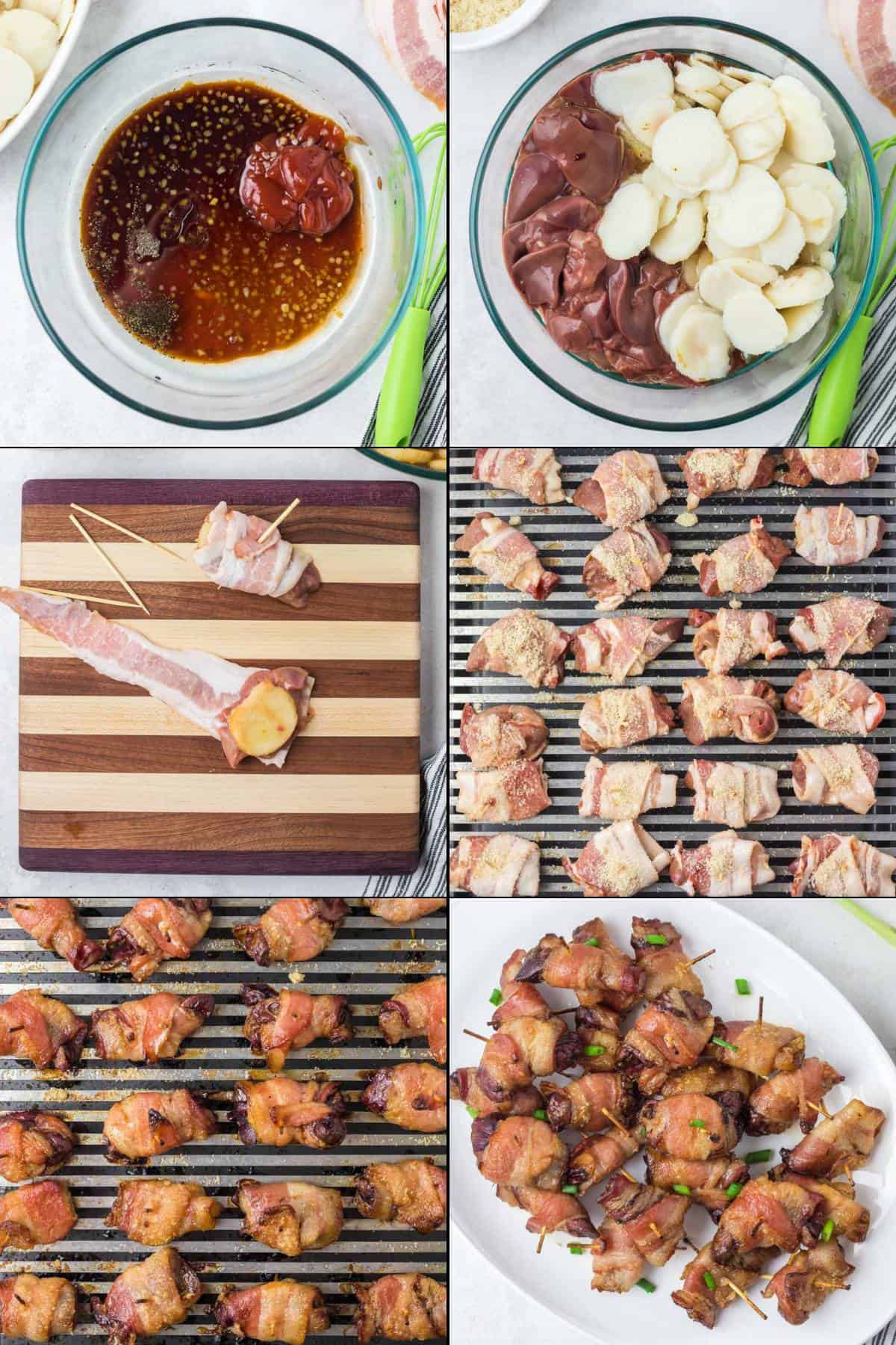Collage of making rumaki.