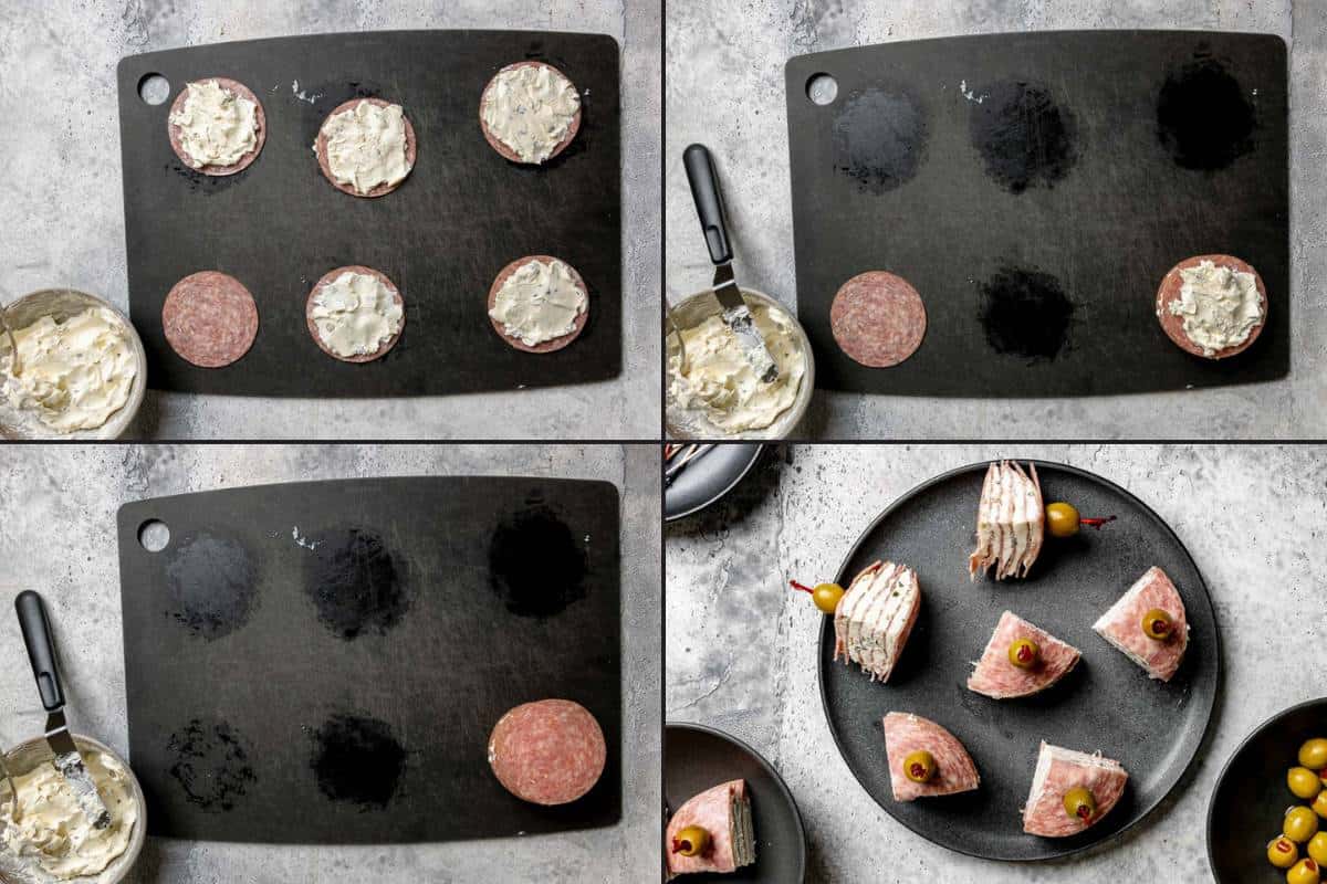Collage of assembling salami and cream cheese wedges.