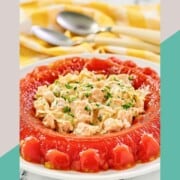 Tomato aspic with shrimp salad on a serving platter.