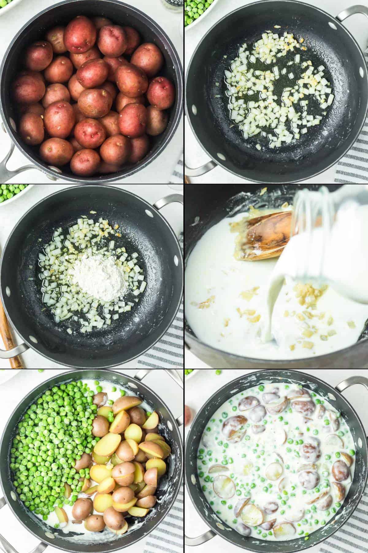 Collage of making creamed peas and potatoes.