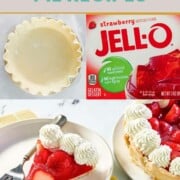 Pie shell, box of strawberry Jello, and a slice of strawberry pie.