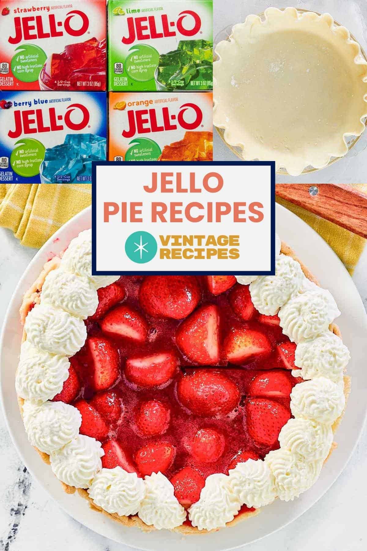 Boxes of Jello, pie shell, and strawberry pie.