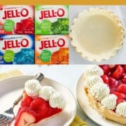 Boxes of Jello, pastry pie shell, and a slice of strawberry pie.