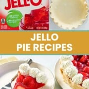 Strawberry Jello box, pastry pie shell, and a slice of strawberry pie.