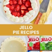 Strawberry pie, pastry pie shell, and boxes of Jello.