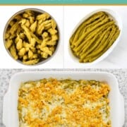 Can of asparagus and the asparagus in a dish and casserole.