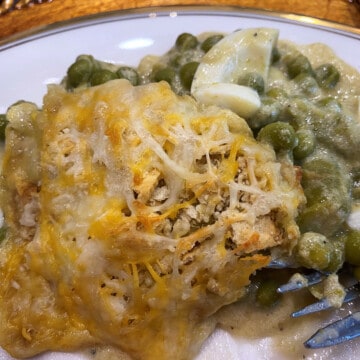 Cheesy asparagus and peas casserole serving.